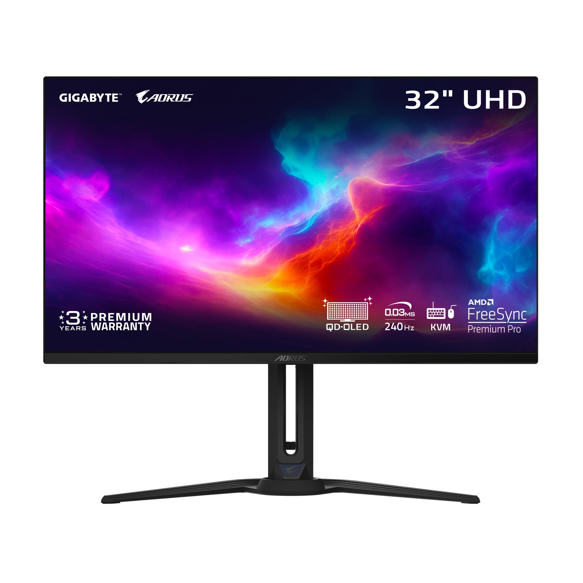 GIGABYTE - AORUS FO32U2-32 QD OLED Gaming Monitor - UHD 3840x2160-240Hz - 0.03ms GTG - AMD FreeSync Premium Pro - Type C KVM - HDMI, DP, Type C - Height Adjustable - Black