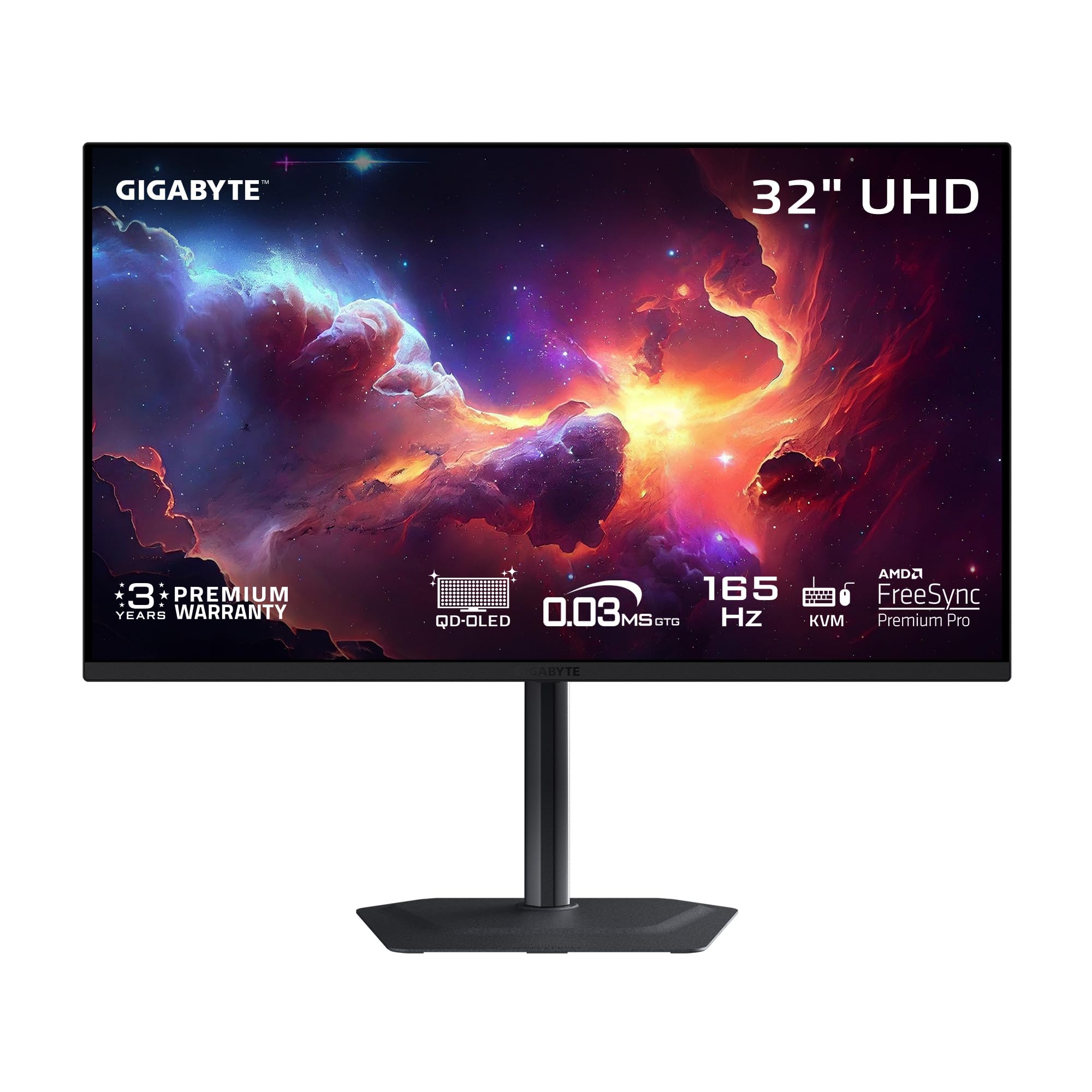 GIGABYTE - MO32U - 32" QD-OLED Gaming Monitor - UHD 3840x2160-165Hz - 0.03ms GTG - AMD FreeSync Premium Pro - Type C KVM - HDMI, DP - Height Adjustable - Black