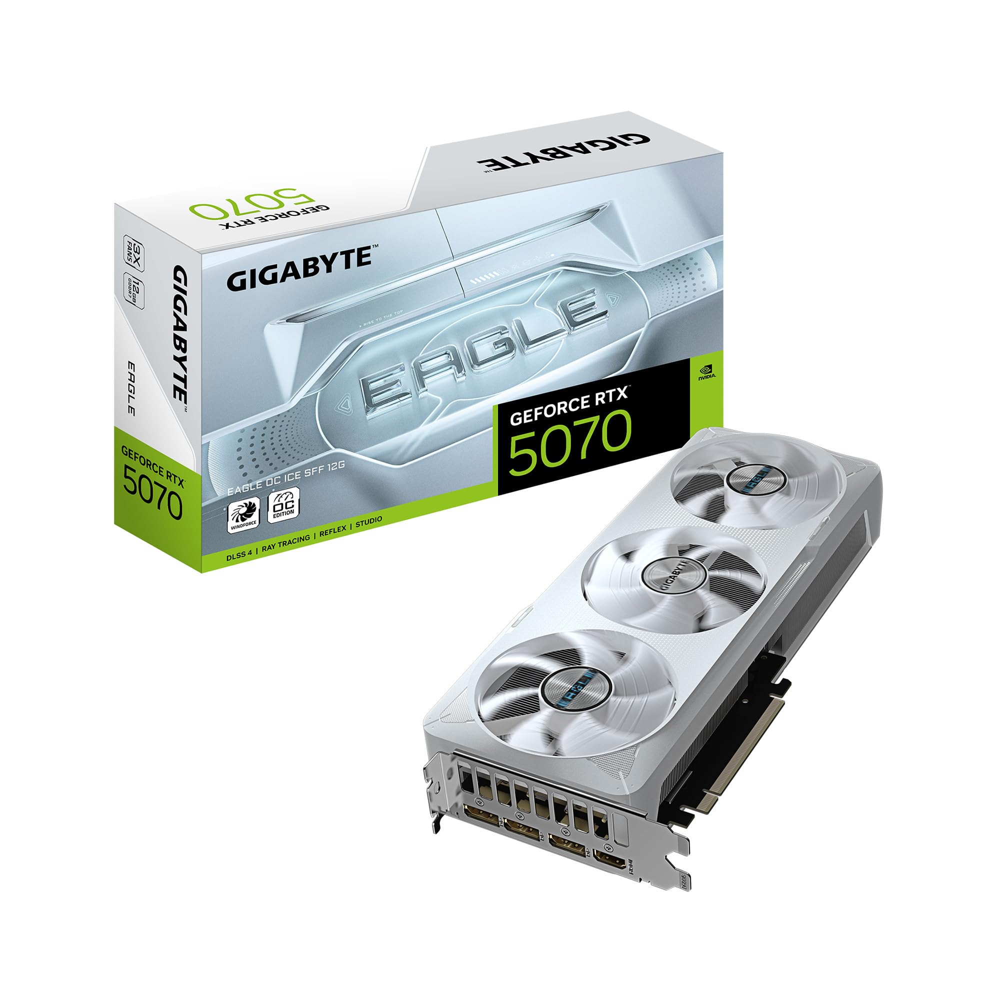 GIGABYTE GeForce RTX 5070 Eagle OC ICE SFF 12G Graphics Card, 12GB 192-bit GDDR7, PCIe 5.0, WINDFORCE Cooling System, GV-N5070EAGLEOC ICE-12GD Video Card