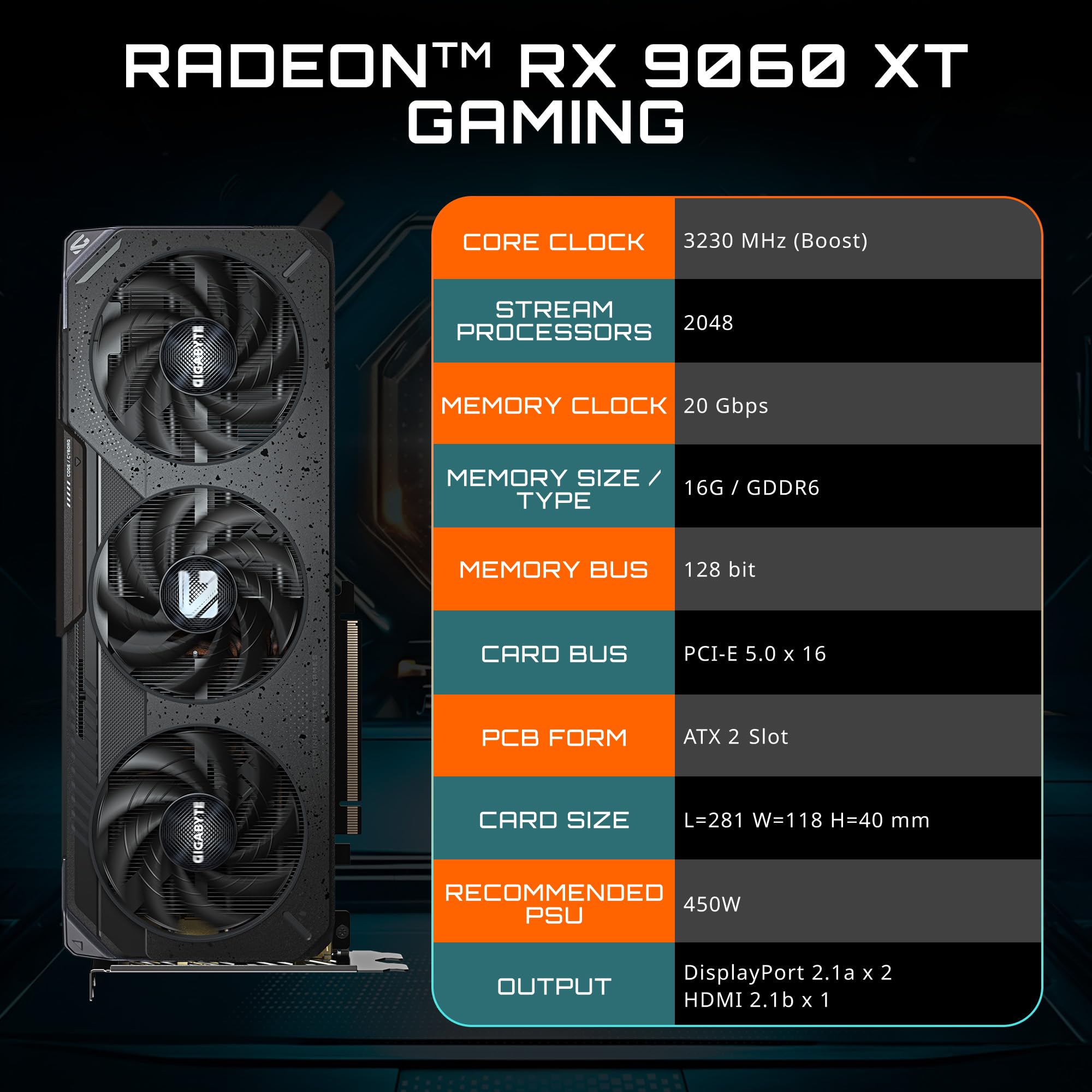 GIGABYTE Radeon RX 9060 XT Gaming 16G Graphics Card, PCIe 5.0, 16GB GDDR6, GV-R9060XTGAMING-16GD Video Card