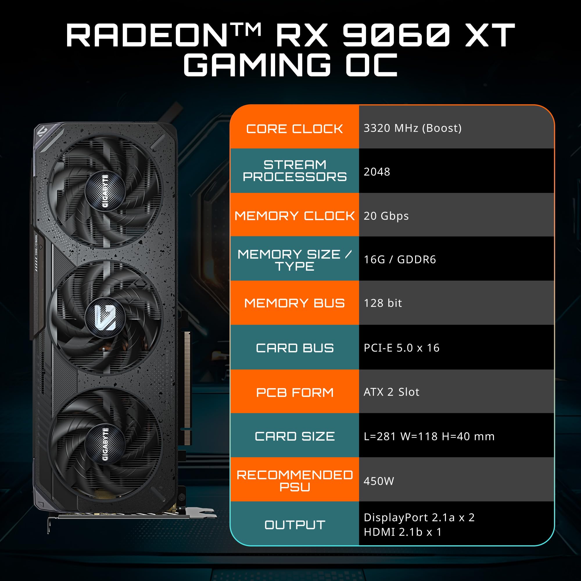 GIGABYTE Radeon RX 9060 XT Gaming OC 16G Graphics Card, PCIe 5.0, 16GB GDDR6, GV-R9060XTGAMING OC-16GD Video Card