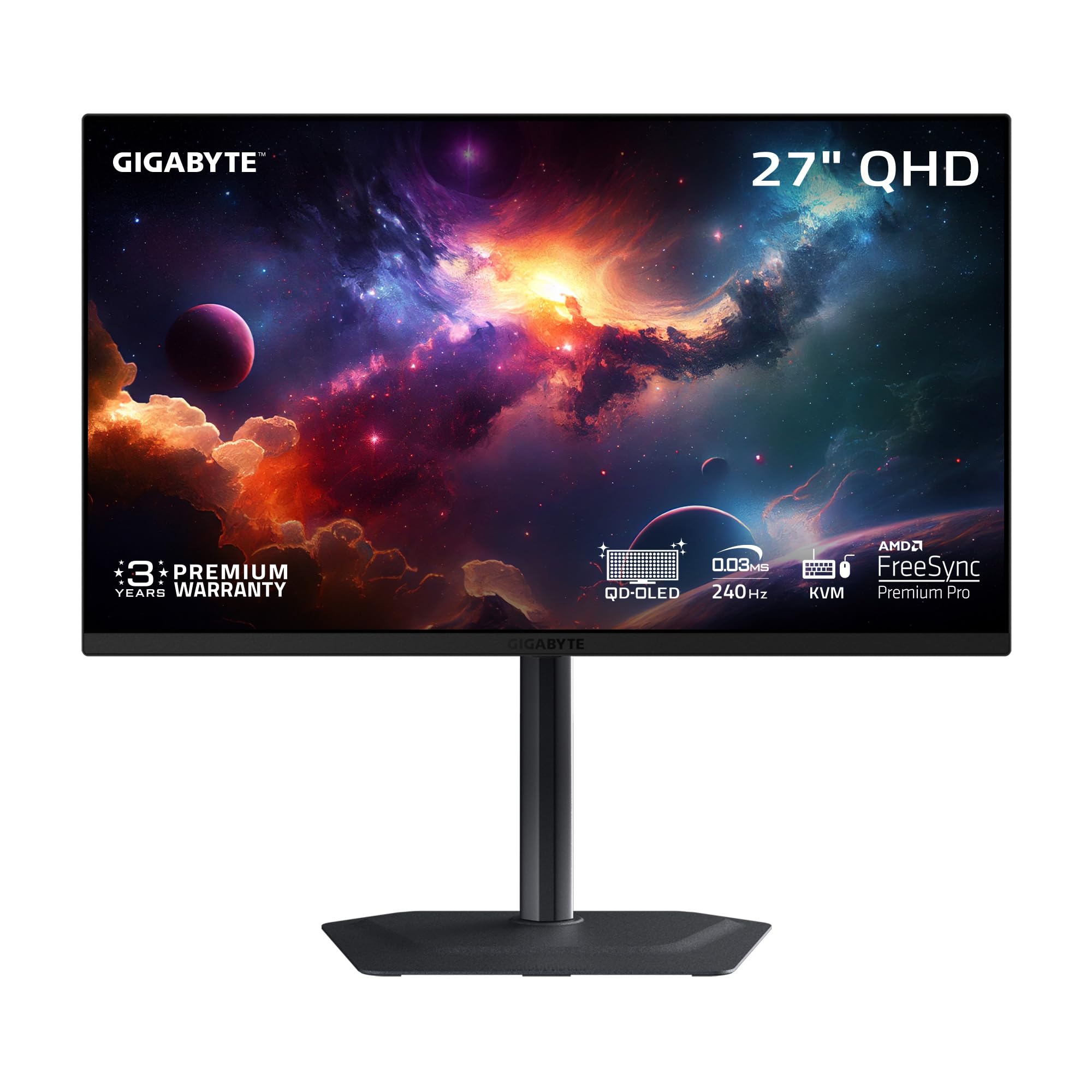 GIGABYTE - MO27Q2-27 QD-OLED Gaming Monitor - QHD 2560x1440-240Hz - 0.03ms GTG - AMD FreeSync Premium Pro - Type C KVM - HDMI, DP - Height Adjustable - Black