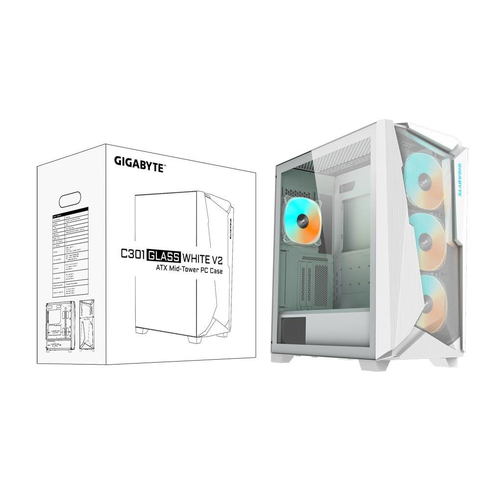GIGABYTE C301 Glass White - White Mid Tower PC Gaming Case, Tempered Glass, USB Type-C, 4X ARBG Fans Included (GB-C301GW)